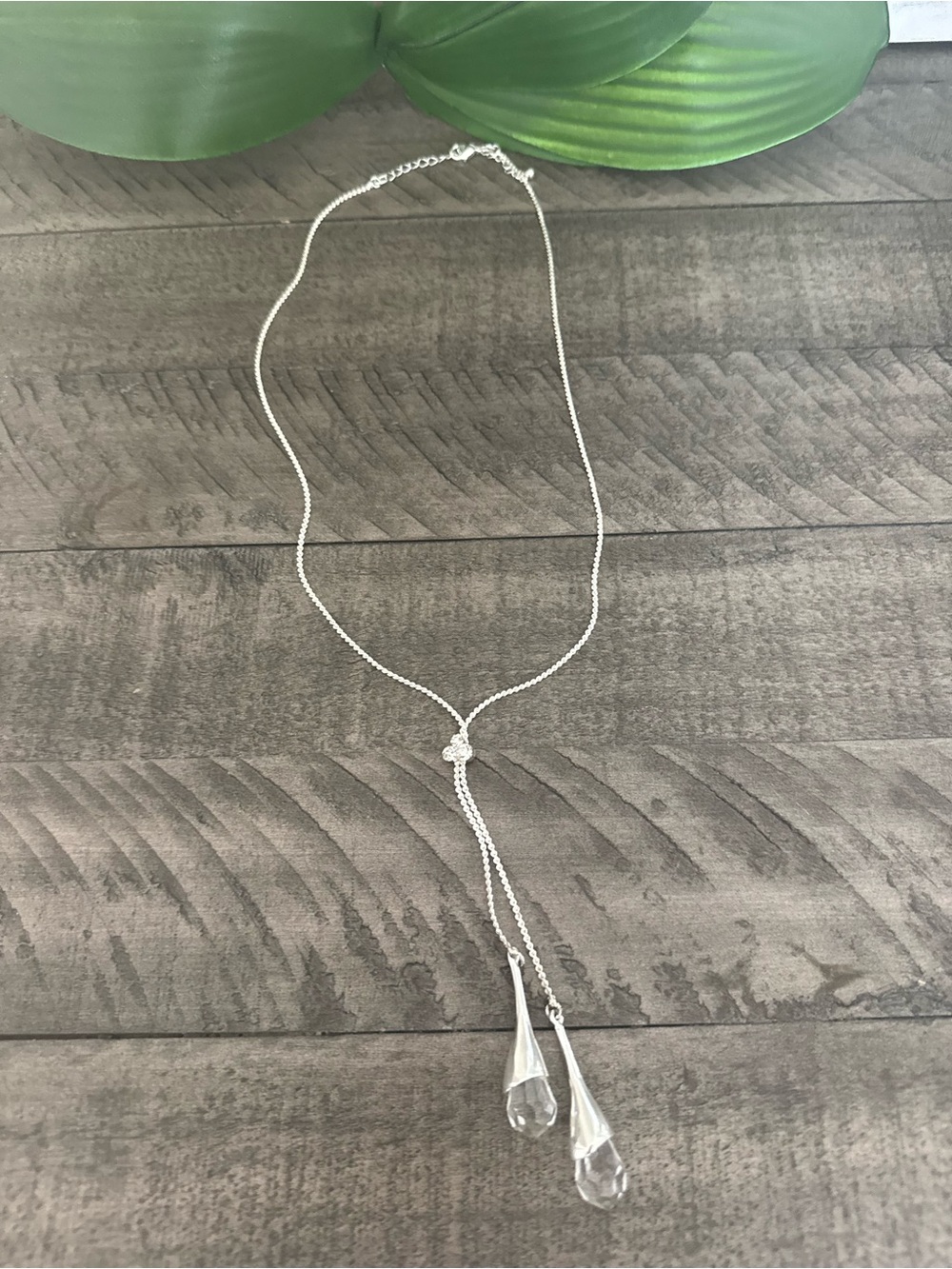 Silver Crystal Teardrop Lariat Necklace
